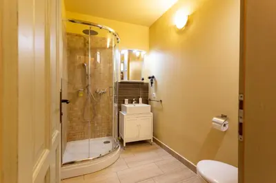 a bathroom with a shower and a toilet and a sink at Patrick's Pub in Maribor