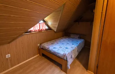 a small bed in a wooden room with a window at Vineyard cottage Hočevar in Novo Mesto
