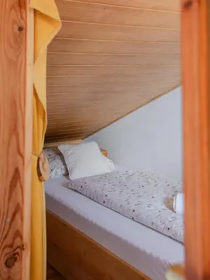 a bed in a room with a wooden ceiling at Apartment Vrhouc in Tolmin