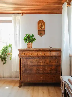 a wooden dresser with a clock and a plant on it at Apartment Vrhouc in Tolmin