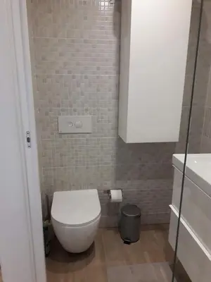 a small bathroom with a toilet and a sink at Alpine Cottage in Bled