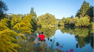 two people sitting on the bank of a lake at Alpine Cottage in Bled