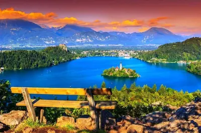 an island in the middle of a lake with a bench at Alpine Cottage in Bled