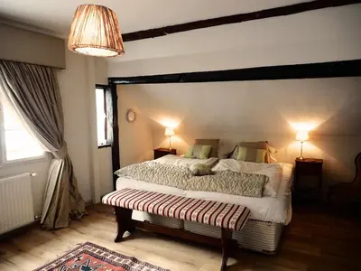 a bedroom with a large bed and two lamps at The OldMillhouse in Mojstrana