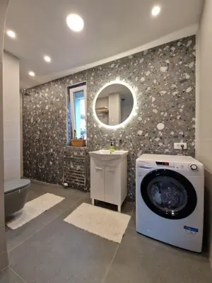 a bathroom with a washing machine and a mirror at Bergmannhaus in Zagorje ob Savi