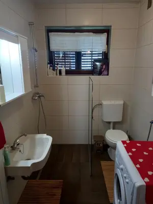 a bathroom with a sink and a toilet and a window at Country House Aleš in Gornja Bistrica