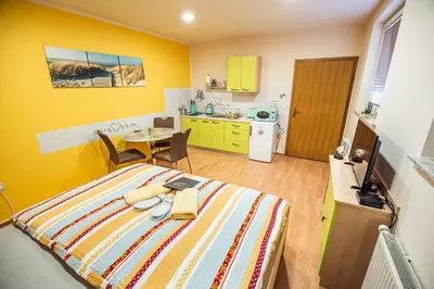 a bedroom with a bed and a table and a kitchen at Lux Living Apartments BUDIČ near Terme Čatež in Brežice
