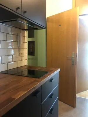 a kitchen with a counter top and a wooden door at Birch central studio on main square in Ljubljana