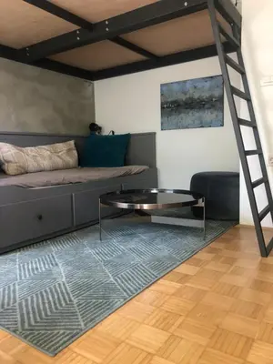a living room with a bed and a table at Birch central studio on main square in Ljubljana