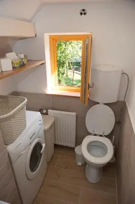 a small bathroom with a toilet and a window at Apartment Polane in Blejska Dobrava