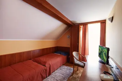a bedroom with a bed and a desk and a television at Gostišče Prosnik in Ormoz