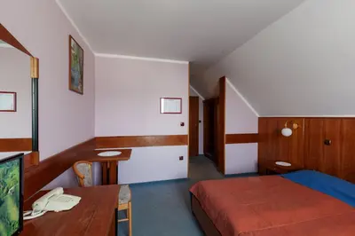 a bedroom with a bed and a desk and a phone at Gostišče Prosnik in Ormoz