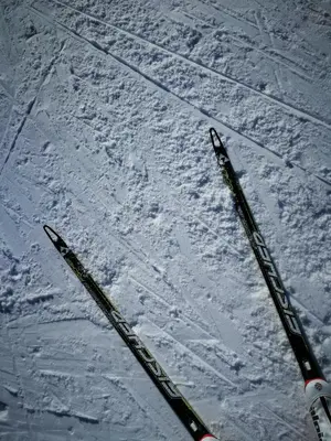 a pair of skis sitting in the snow at Apartma Lip in Rateče