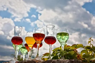 a group of wine glasses sitting on a table at Tourist Farm Kranjc in Kobarid