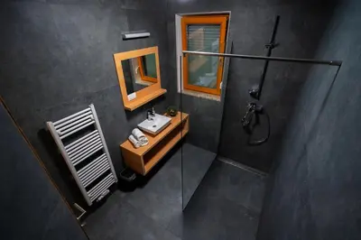 an overhead view of a bathroom with a sink and a shower at PJagodic Apartments & Wellness in Cerklje na Gorenjskem
