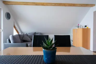 a plant in a blue pot sitting on a table at PJagodic Apartments & Wellness in Cerklje na Gorenjskem