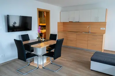 a kitchen and dining room with a table and chairs at PJagodic Apartments & Wellness in Cerklje na Gorenjskem