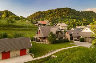 a group of houses in a village with a hill at Garden living in Bled