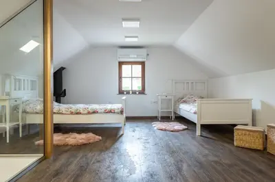 a attic bedroom with two beds and a mirror at Wineyard getaway house in Sevnica