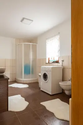 a bathroom with a washing machine and a toilet at Wineyard getaway house in Sevnica