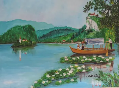 a painting of a boat on a river with flowers at Marijin dom - Retreat House in Bled