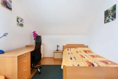 a bedroom with a desk and a bed and a desk and a chair at Orchid room for 2, Skylight room for 2 in Kranj
