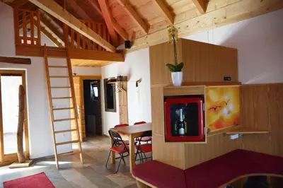 a room with a living room with a tv and a table at SECRET WELLNESS in Bodonci