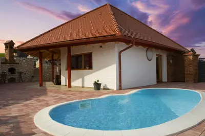 a large swimming pool in front of a house at SECRET WELLNESS in Bodonci