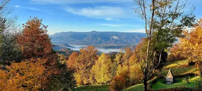 a view of a valley with trees and a lake at Alpinejka House in Tržič