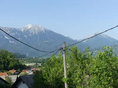 a telephone pole with a mountain in the background at Apartmaji Baron in Bled