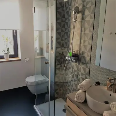 a bathroom with a shower and a sink and a toilet at Genius Guest Unique Banovci Apartment in Banovci