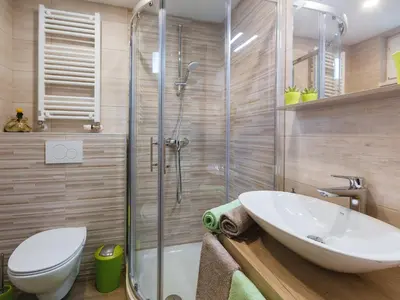 a bathroom with a shower and a sink and a toilet at Blue Door in Lesce