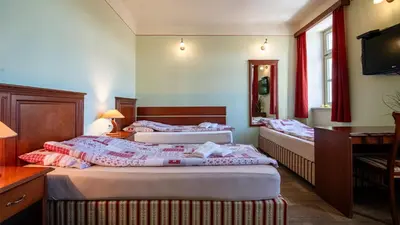a bedroom with two beds and a desk and a television at VEGANFRESH in Medvode
