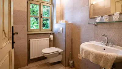 a bathroom with a toilet and a sink and a window at VEGANFRESH in Medvode