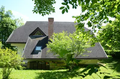 a house with a black roof with a window at Architect’s house - peaceful and minimalistic in Bled