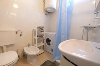 a bathroom with a toilet and a sink and a washing machine at Apartment Ksenija in Ljubljana