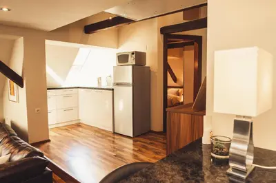 a kitchen and living room with a refrigerator at SKOL apartments in Celje