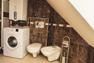 a bathroom with a washing machine and a toilet at SKOL apartments in Celje