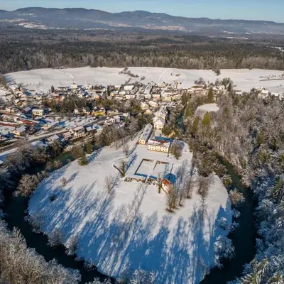 an aerial view of a town in the snow at Apartma Lahinja in Gradac