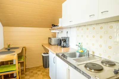 a small kitchen with a sink and a table at Apartmaji Anja in Bled