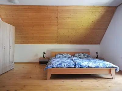 a bedroom with a bed with a wooden ceiling at Guest House Nanos in Vipava