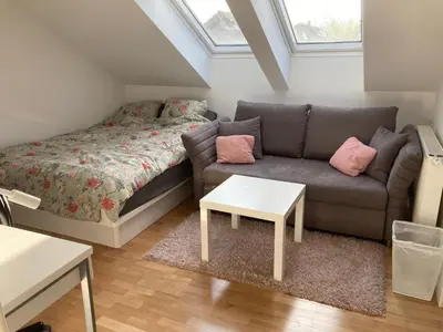 a living room with a couch and a bed at Homestay Free Park&Bikes in Ljubljana