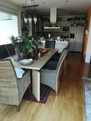 a dining room table with chairs and a kitchen at Homestay Free Park&Bikes in Ljubljana