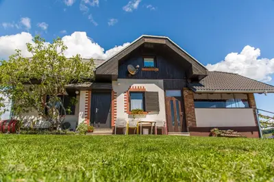 a house with a green lawn in front of it at Vinska klet Smej in Lendava