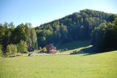 a grassy field with a house and a hill with trees at Estate Marjetin dom in Idrija