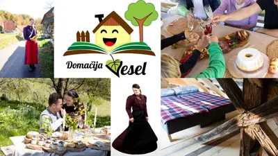 a collage of photos of people participating in a party at Domačija Vesel in Trebnje