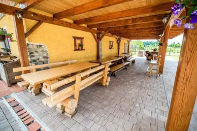 a group of wooden benches sitting on a patio at Apartment with Sauna pr' Geči in Dobova