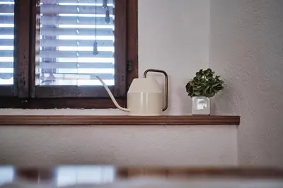 a window sill with a candle and a plant on it at Apartment Center in Kamnik