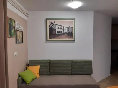 a couch in a room with a picture on the wall at Apartment Vidus Wine Estate in Podnanos