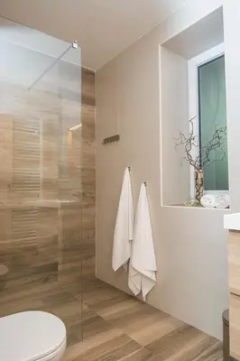 a bathroom with a glass shower and a toilet at Apartment Vidus Wine Estate in Podnanos